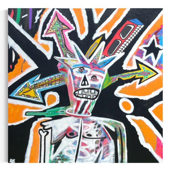 Pintura abstracta con un esqueleto colorido y flechas en un fondo negro, naranja y blanco.