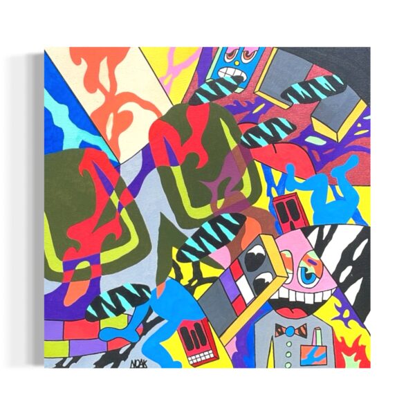 Composición abstracta con colores intensos y figuras superpuestas en un estilo vibrante y expresivo.