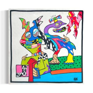 Pintura abstracta con dos figuras coloridas de formas deformes y expresiones exageradas.
