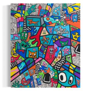 Pintura colorida con figuras geométricas, rostros expresivos y patrones en un estilo caótico