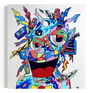Retrato surrealista de un rostro multicolor con elementos geométricos y ojos flotantes.