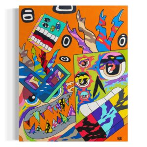 Pintura abstracta con rostros deformes, colores brillantes y fondo naranja con formas dinámicas.