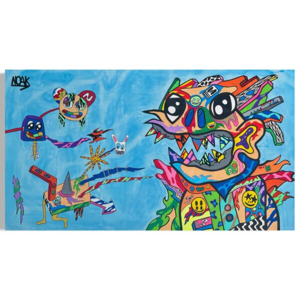 Pintura abstracta con personajes deformes y colores vibrantes sobre un fondo azul claro.