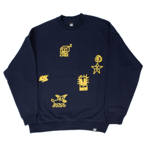 Sudadera azul marino figuras abstractas y símbolos amarillos en la parte frontal.
