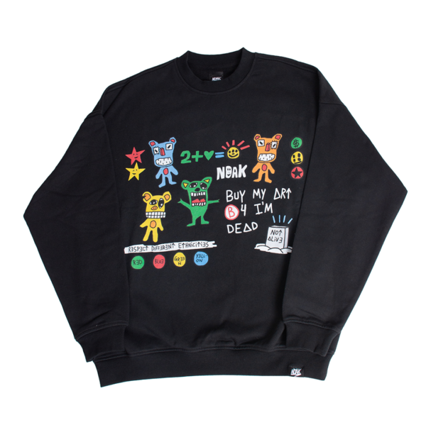 Sudadera negra con ilustraciones coloridas y frases, incluyendo 'BUY MY ART B4 I'M DEAD'.