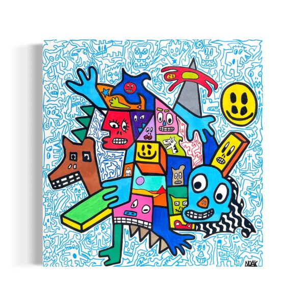 Ilustración con formas abstractas y personajes de colores sobre un fondo azul con dibujos en blanco.