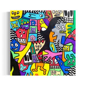 Ilustración con formas abstractas y personajes de colores sobre un fondo azul con dibujos en blanco.