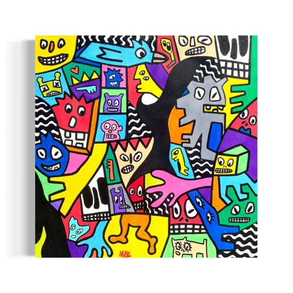 Ilustración con formas abstractas y personajes de colores sobre un fondo azul con dibujos en blanco.