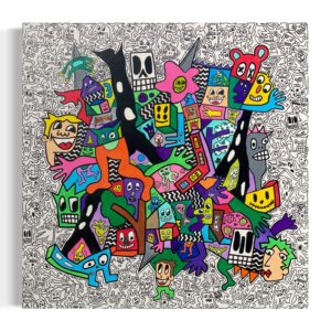 Pintura abstracta con figuras geométricas y personajes coloridos sobre un fondo con dibujos en blanco y negro.