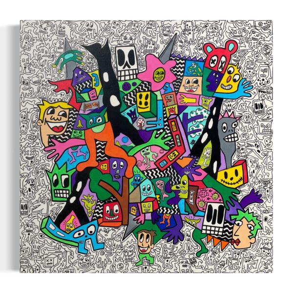 Pintura abstracta con figuras geométricas y personajes coloridos sobre un fondo con dibujos en blanco y negro.