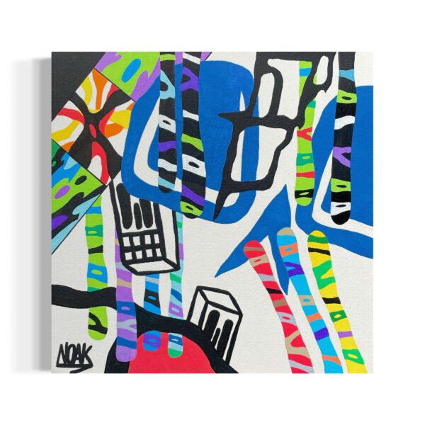 Pintura abstracta con líneas onduladas, colores brillantes y calaveras estilizadas sobre un fondo blanco.