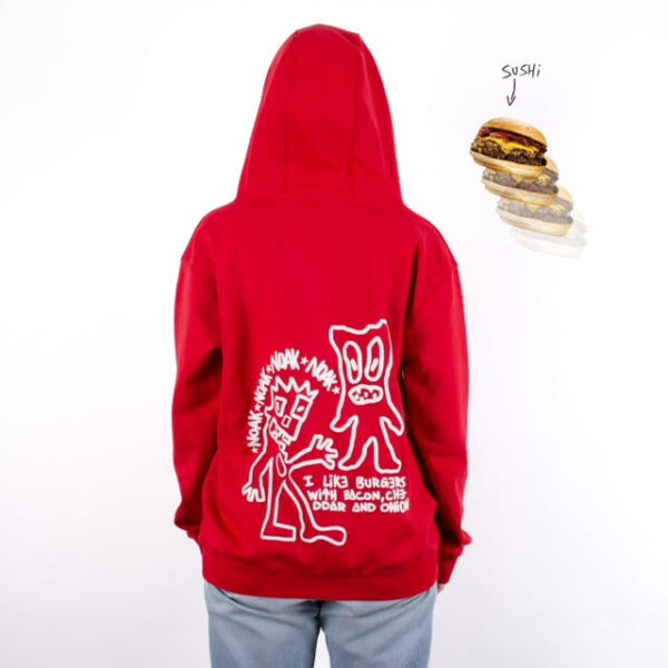 Espalda de sudadera roja con ilustraciones blancas y texto sobre hamburguesas, junto a un dibujo de hamburguesa.