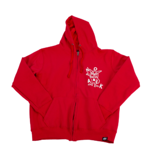 Sudadera roja con capucha y cremallera, con un diseño blanco de personaje abstracto en el pecho.