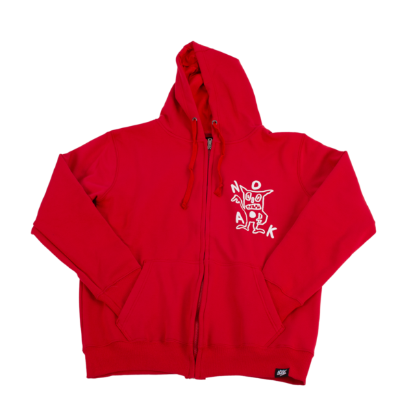Sudadera roja con capucha y cremallera, con un diseño blanco de personaje abstracto en el pecho.