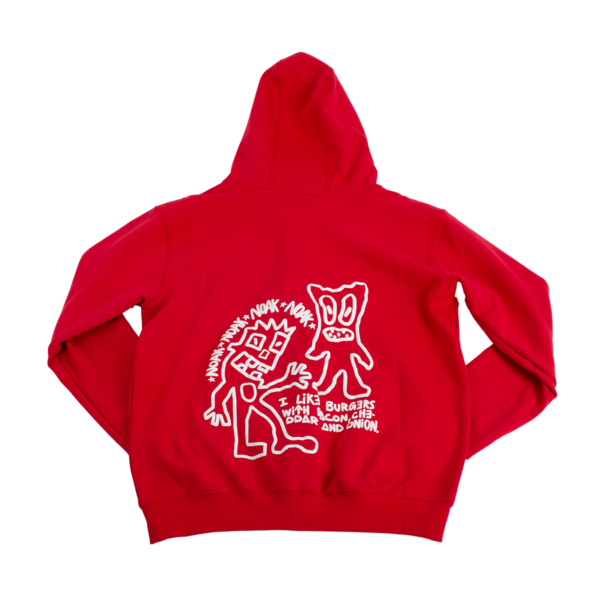Parte trasera de sudadera roja con ilustraciones blancas de figuras y texto sobre hamburguesas.