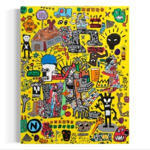 Pintura caótica con fondo amarillo, calaveras, figuras geométricas y símbolos urbanos en un estilo expresivo y vibrante