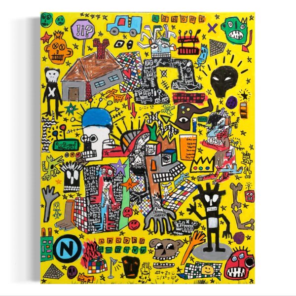 Pintura caótica con fondo amarillo, calaveras, figuras geométricas y símbolos urbanos en un estilo expresivo y vibrante